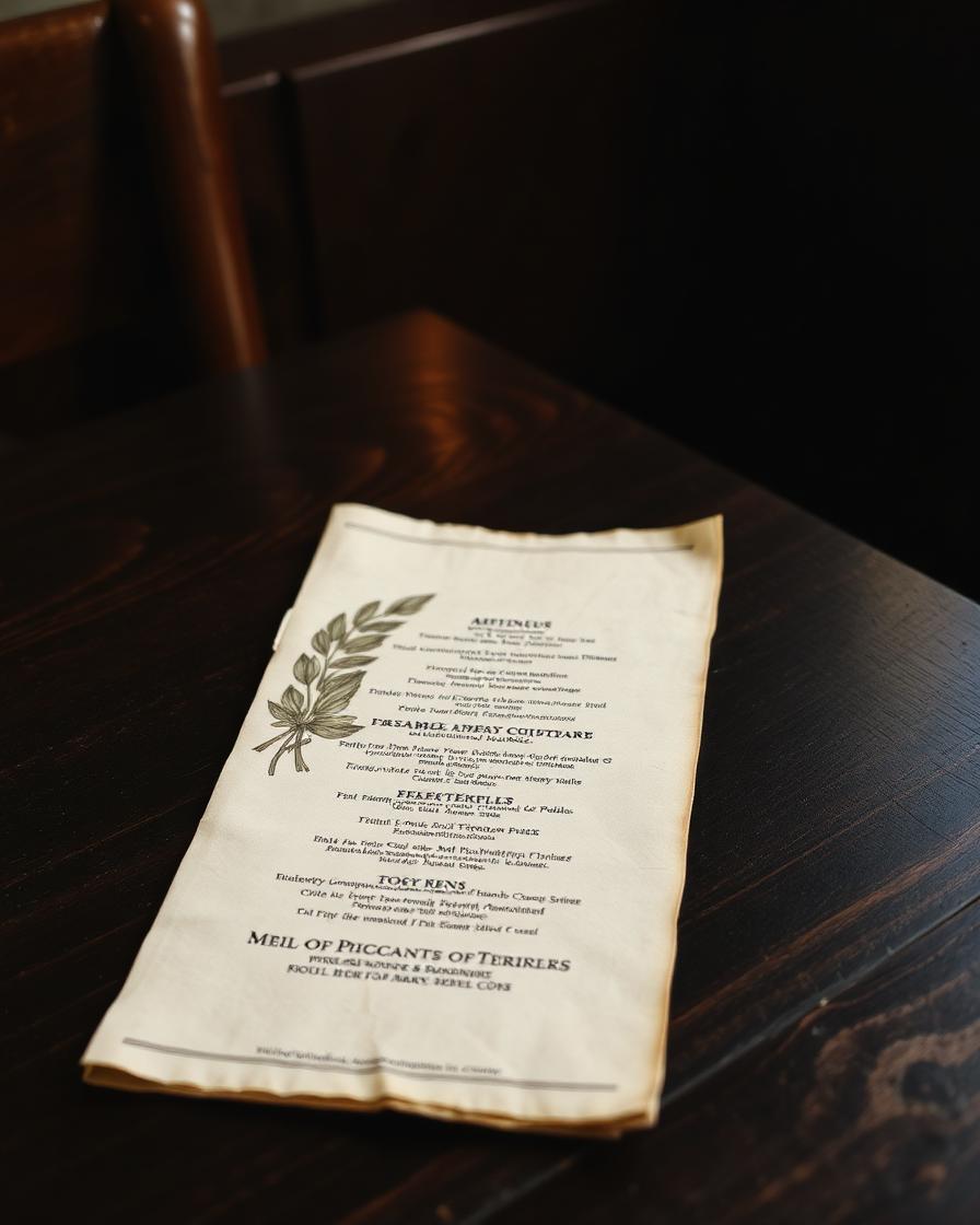 Hand-painted menu on aged paper resting on dark wood